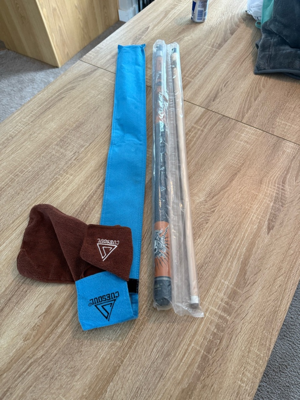 Blue and Brown Cue Case and Shaft Protector Set